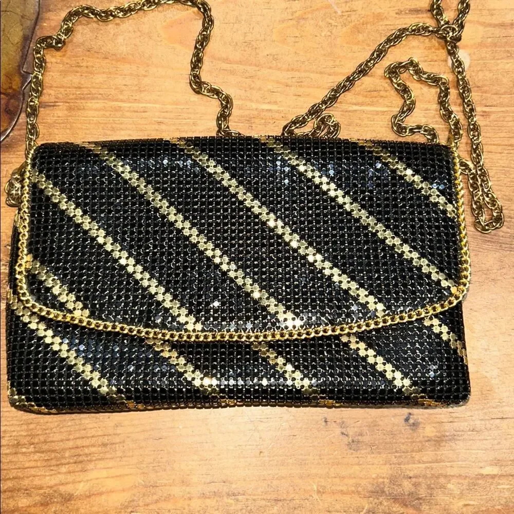 Vintage Black & Gold Glitter Stripe Evening Crossbody – Sparkly Party Purse